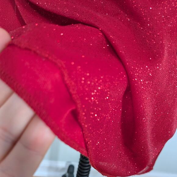 Vintage Prom Dress Maxi Gown M Red Y2K Strapless Mesh Ruffle Fairy Glam Stretch - Picture 10 of 12